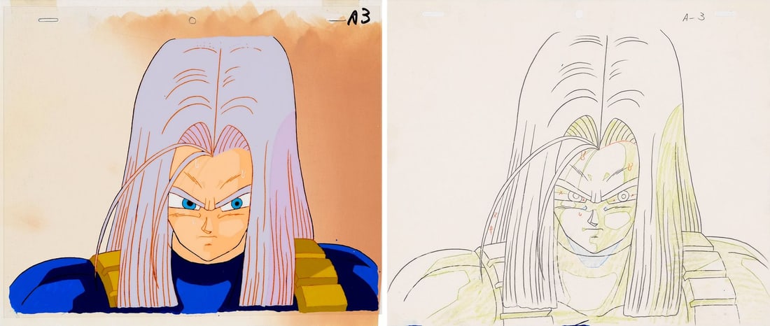 DRAGON BALL Z (TV SERIES, 1989-1996) - Future Trunks Original Production Cel on Original Production: DRAGON BALL Z (TV SERIES, 1989-1996) - Future Trunks Original Production Cel on Original Production Background with Matching Douga from "The Unstoppable Gohan" - Future Trunks, long-haired and armoure