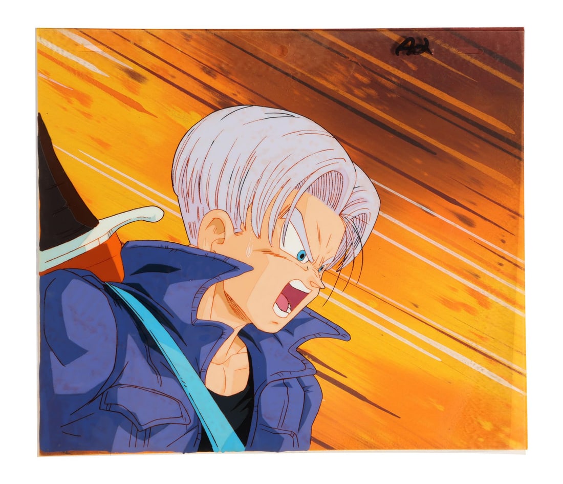 DRAGON BALL Z (TV SERIES, 1989-1996) - Future Trunks Original Production Cel from "No Match for the: DRAGON BALL Z (TV SERIES, 1989-1996) - Future Trunks Original Production Cel from "No Match for the Androids" on Hand-Painted Key Master Background - Future Trunks in his iconic jacket and sword, caug
