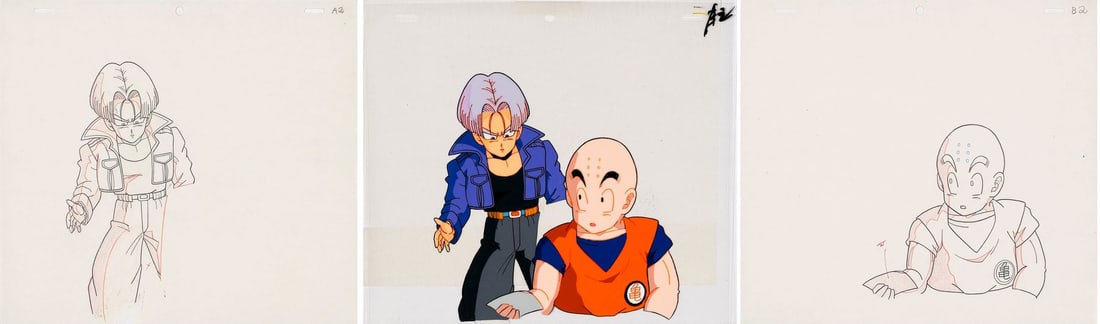 DRAGON BALL Z (TV SERIES, 1989-1996) - Future Trunks and Krillin Original Production Cel with: DRAGON BALL Z (TV SERIES, 1989-1996) - Future Trunks and Krillin Original Production Cel with Matching Douga - Trunks from the future and Krillin from the present: a warrior shaped by a devastated tim