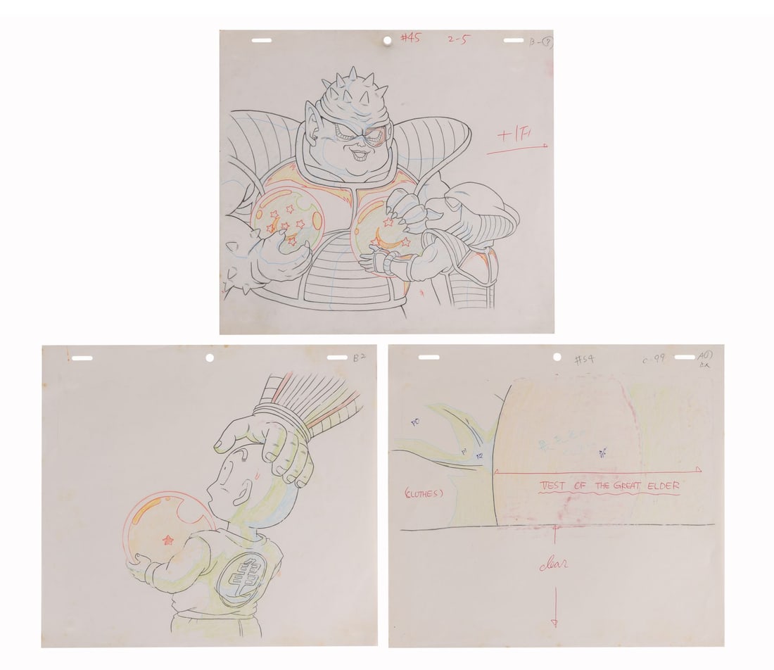 DRAGON BALL Z (TV SERIES, 1989-1996) - Krillin Douga Drawings from "Guru's Gift" and Dodoria Douga: DRAGON BALL Z (TV SERIES, 1989-1996) - Krillin Douga Drawings from "Guru's Gift" and Dodoria Douga Drawing from "Frieza Strikes!" - Two superb production drawings from Dragon Ball Z's Namek saga, both