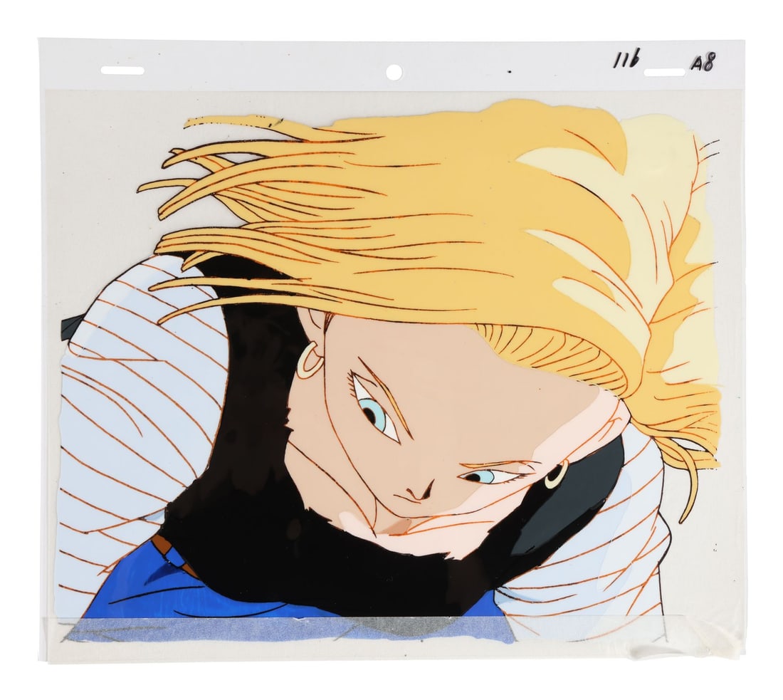 DRAGON BALL Z (TV SERIES, 1989-1996) - Android 18 Original Production Cel from "Closing In": DRAGON BALL Z (TV SERIES, 1989-1996) - Android 18 Original Production Cel from "Closing In" - Android 18 in full flight, hair streaming behind her, rendered close-up on an original production cel from
