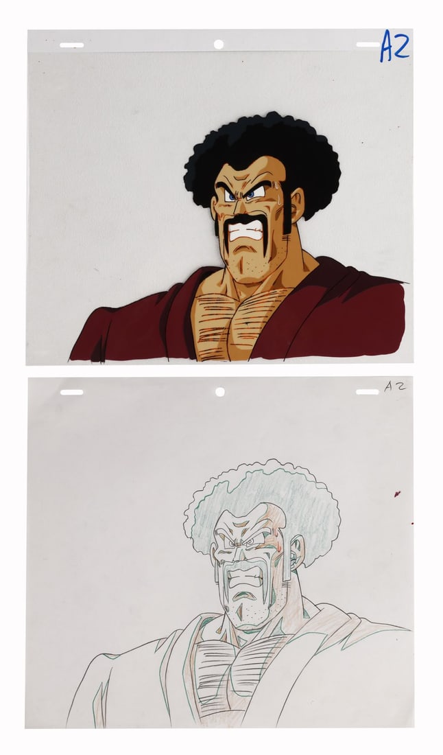 DRAGON BALL Z: BIO-BROLY (1994) - Hercule Original Production Cel with Matching Douga Drawing: DRAGON BALL Z: BIO-BROLY (1994) - Hercule Original Production Cel with Matching Douga Drawing - Mr. Satan, Hercule to Western audiences, is one of Dragon Ball Z's great comic creations: a blowhard wor