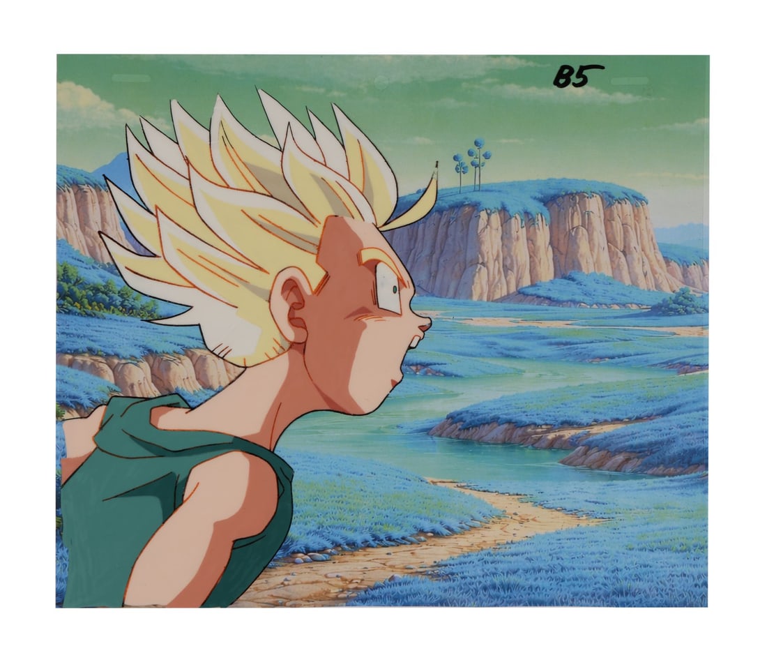 DRAGON BALL Z (TV SERIES, 1989-1996) - Super Saiyan Trunks Original Production Cel from "Final: DRAGON BALL Z (TV SERIES, 1989-1996) - Super Saiyan Trunks Original Production Cel from "Final Atonement" on Printed Presentation Background - Super Saiyan Trunks is the emotional centre of one of Dra