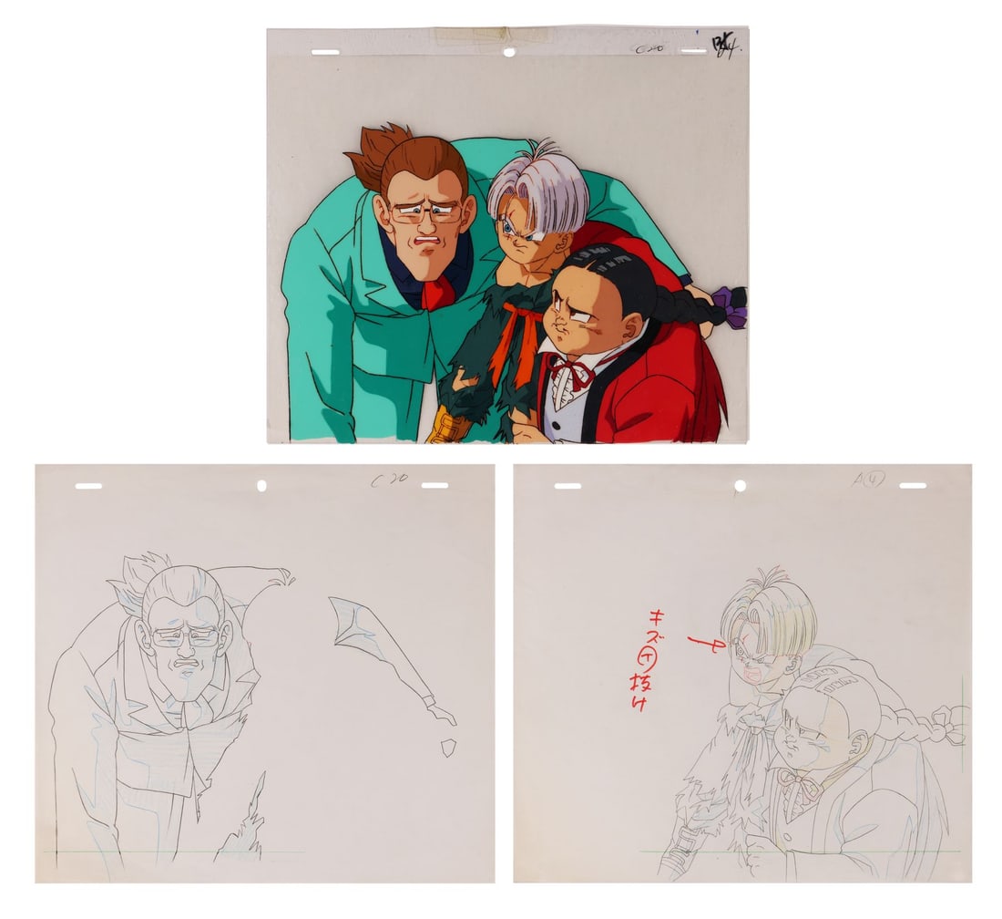 DRAGON BALL Z: BIO-BROLY (1994) - Trunks, Lord Jaguar, and Men-Men Original Production Cels with: DRAGON BALL Z: BIO-BROLY (1994) - Trunks, Lord Jaguar, and Men-Men Original Production Cels with Matching Douga Drawings - Three characters squeezed into a single frame: Trunks pulling the villainous 