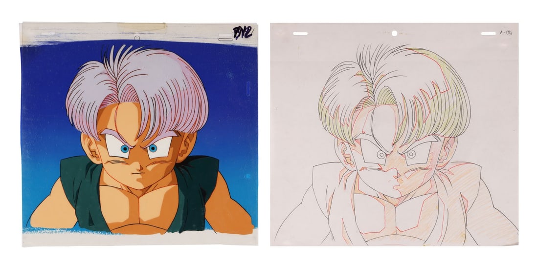 DRAGON BALL Z (TV SERIES, 1989-1996) - Trunks Original Production Cel on Hand-Painted Key Master: DRAGON BALL Z (TV SERIES, 1989-1996) - Trunks Original Production Cel on Hand-Painted Key Master Background with Matching Douga from "Gotenks Is Born" - Trunks, seconds before everything goes glorious