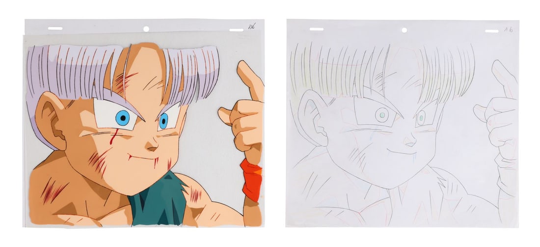 DRAGON BALL Z: BIO-BROLY (1994) - Trunks Original Production Cel with Matching Douga Drawing: DRAGON BALL Z: BIO-BROLY (1994) - Trunks Original Production Cel with Matching Douga Drawing - Trunks, battered and bloodied, at 34:49 in Dragon Ball Z: Bio-Broly, the eleventh DBZ theatrical film, in