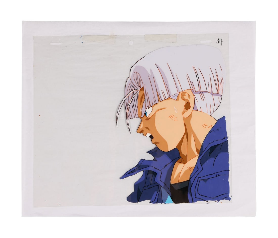 DRAGON BALL Z: SUPER ANDROID 13! (1992) - Future Trunks Original Production Cel with Two Matching: DRAGON BALL Z: SUPER ANDROID 13! (1992) - Future Trunks Original Production Cel with Two Matching Douga Drawings - Future Trunks goes all out in Dragon Ball Z: Super Android 13!, stepping between Goku