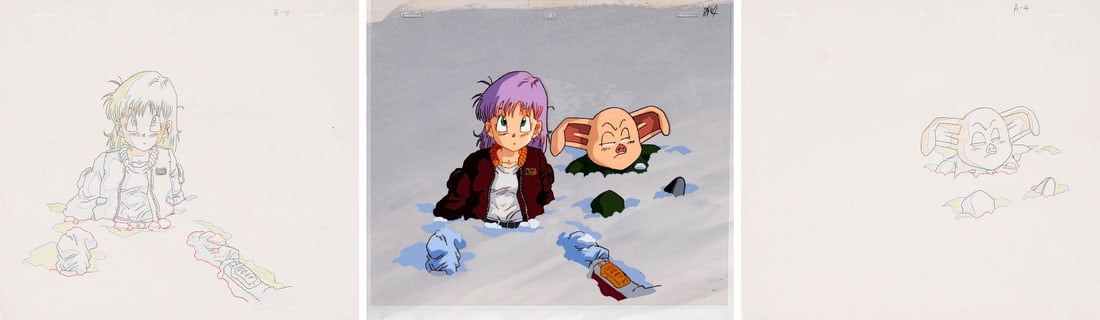 DRAGON BALL: THE PATH TO POWER (1996) - Bulma and Oolong Original Production Cel on Original: DRAGON BALL: THE PATH TO POWER (1996) - Bulma and Oolong Original Production Cel on Original Production Background with Two Matching Douga Drawings - At 26:02, Bulma and Oolong, buried in snow, from o