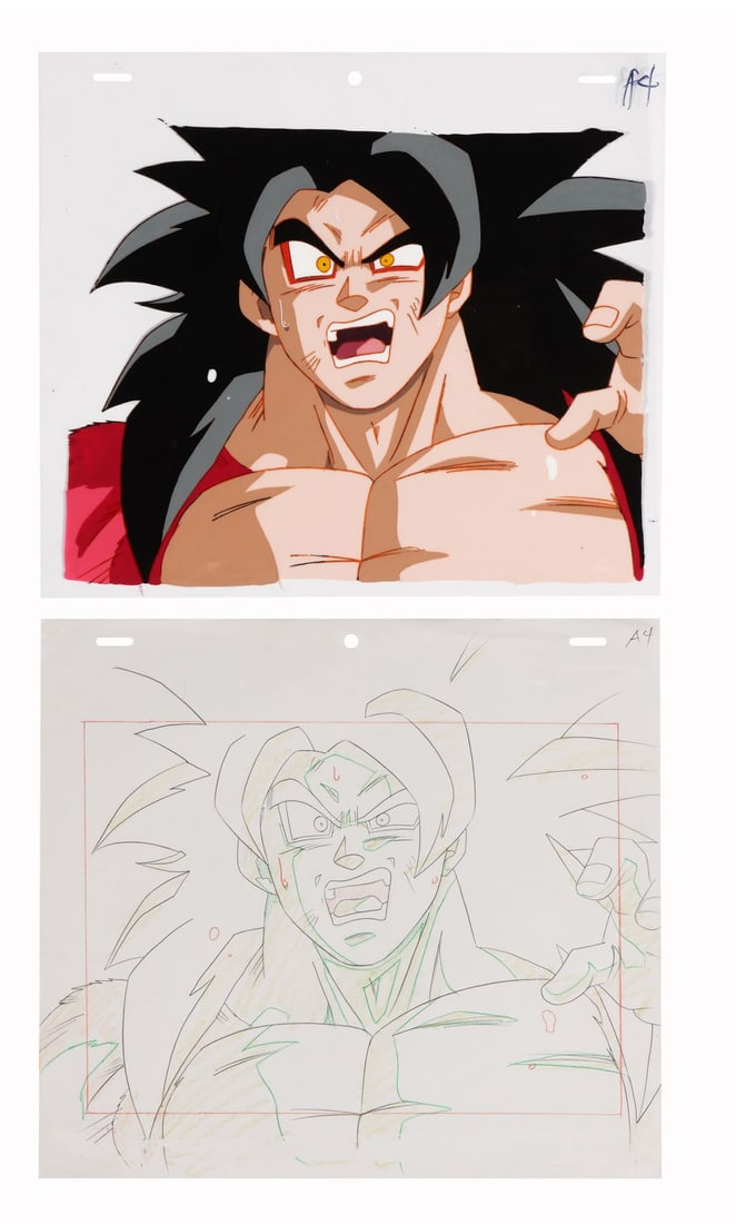 DRAGON BALL GT (TV SERIES, 1996-1997) - Super Saiyan 4 Goku Original Production Cel with Matching: DRAGON BALL GT (TV SERIES, 1996-1997) - Super Saiyan 4 Goku Original Production Cel with Matching Douga Drawing from "Super Saiyan 4 Vegeta" - A comedic close-up production cel of Super Saiyan 4 Goku 