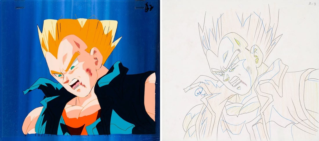 DRAGON BALL GT (TV SERIES, 1996-1997) - Super Saiyan Vegeta Original Production Cel with Matching: DRAGON BALL GT (TV SERIES, 1996-1997) - Super Saiyan Vegeta Original Production Cel with Matching Douga Drawing from "Piccolo's Best Bet" and timesheet from "The Tail's Tale" - A production cel of Sup