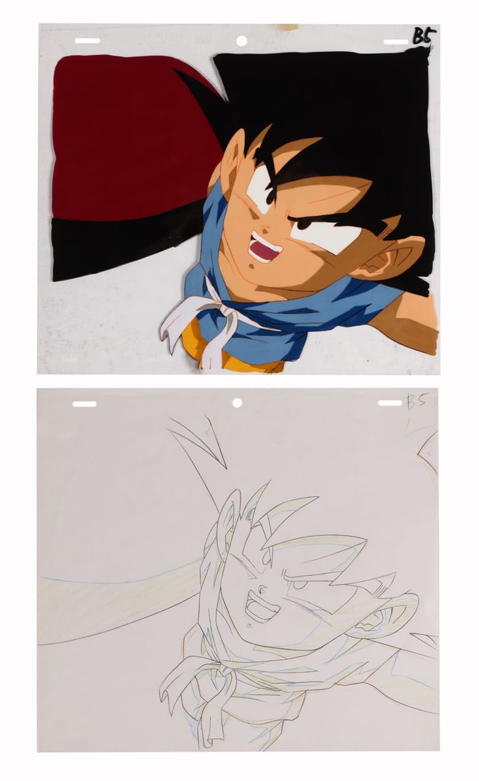 DRAGON BALL GT (TV SERIES, 1996-1997) - Goku Original Production Cel with Matching Douga Drawing: DRAGON BALL GT (TV SERIES, 1996-1997) - Goku Original Production Cel with Matching Douga Drawing from "A Devastating Wish" - A superb production cel and matching douga of Goku from "A Devastating Wish