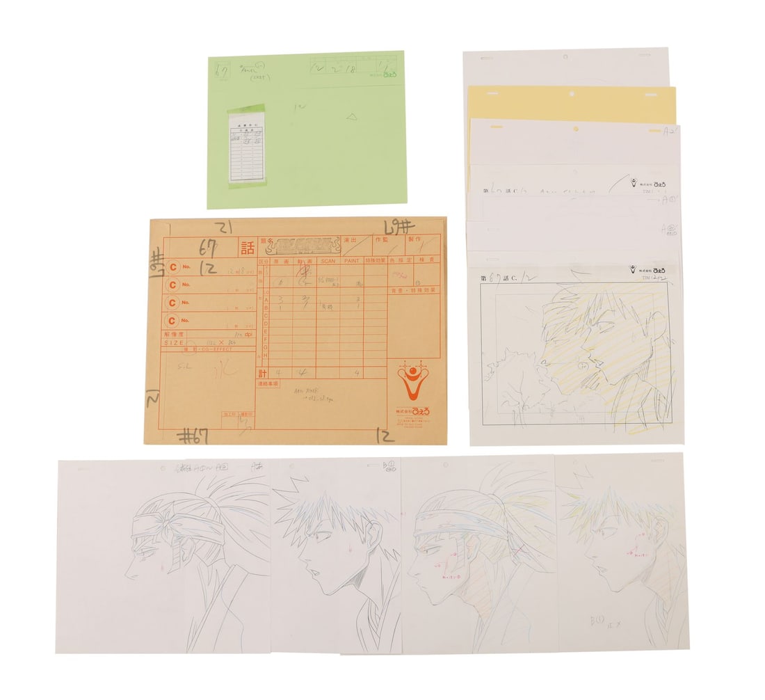 BLEACH (TV SERIES, 2004-2023) - Ichigo Kurosaki and Renji Abarai Genga, Douga with Timing Sheet and: BLEACH (TV SERIES, 2004-2023) - Ichigo Kurosaki and Renji Abarai Genga, Douga with Timing Sheet and Production Used Cut Envelope from "Death Game! The Missing Classmate" - A genga and douga set from B