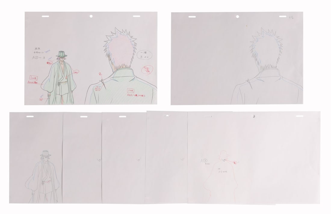 BLEACH (TV SERIES, 2004-2023) - Kisuke Urahara and Ichigo Kurosaki Genga and Douga Drawing Set from: BLEACH (TV SERIES, 2004-2023) - Kisuke Urahara and Ichigo Kurosaki Genga and Douga Drawing Set from "Urahara Appears! Stop Aizen!" - A complete production genga and douga set from episode 300 of Bleac