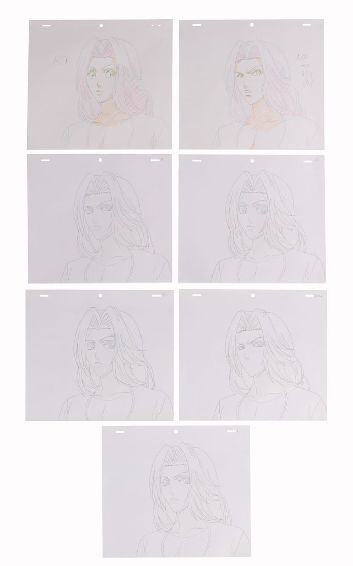 BLEACH (TV SERIES, 2004-2023) - Rangiku Matsumoto Genga and Douga Drawing Set from "Second move of: BLEACH (TV SERIES, 2004-2023) - Rangiku Matsumoto Genga and Douga Drawing Set from "Second move of Hueco Mundo! Hitsugaya vs Yammy" - A complete drawing set of Rangiku Matsumoto from Bleach, comprisin