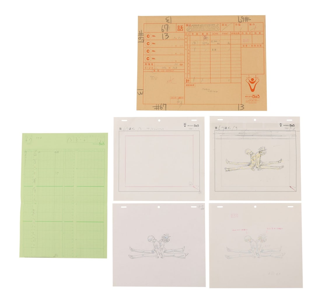 BLEACH (TV SERIES, 2004-2023) - Ichigo Kurosaki and Renji Abarai Genga, Douga with Timing Sheet and: BLEACH (TV SERIES, 2004-2023) - Ichigo Kurosaki and Renji Abarai Genga, Douga with Timing Sheet and Production Used Cut Envelope from "Death Game! The Missing Classmate" - A complete production art se