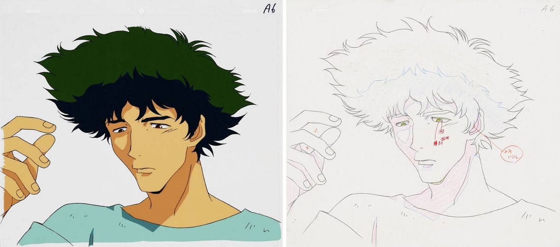 COWBOY BEBOP (TV SERIES, 1998-1999) - Spike Spiegel Original Production Cel with Matching Douga: COWBOY BEBOP (TV SERIES, 1998-1999) - Spike Spiegel Original Production Cel with Matching Douga Drawing from "Ganymede Elegy" - Spike Spiegel is one of the faces that defines anime for an entire gener