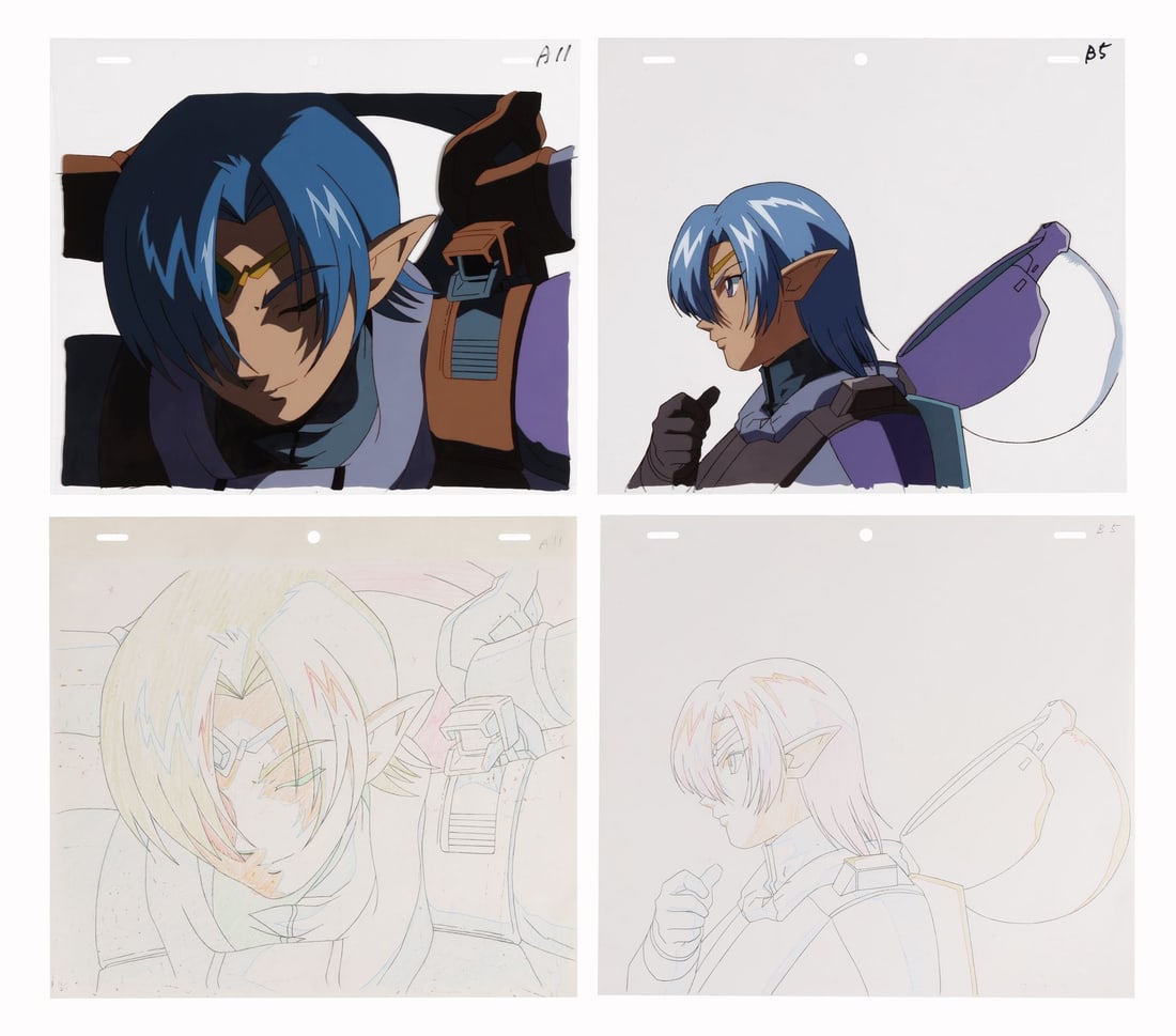 CREST OF THE STARS (TV SERIES, 1999) - Dubeus Original Production Cels and Matching Douga Drawings: CREST OF THE STARS (TV SERIES, 1999) - Dubeus Original Production Cels and Matching Douga Drawings - This pair brings together two production cels of Lafiel's father Dubeus from Crest of the Stars, th