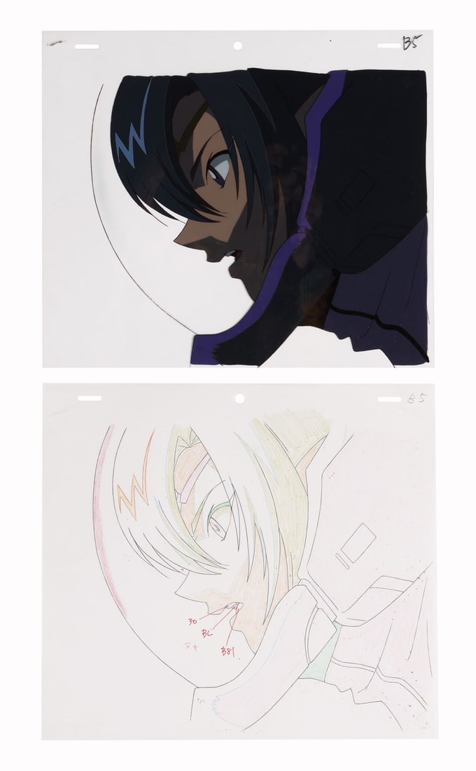CREST OF THE STARS (TV SERIES, 1999) - Dubeus Original Production Cel and Matching Douga Drawing: CREST OF THE STARS (TV SERIES, 1999) - Dubeus Original Production Cel and Matching Douga Drawing - Dubeus turns in profile here, caught in a close head-and-shoulders study from Crest of the Stars, the