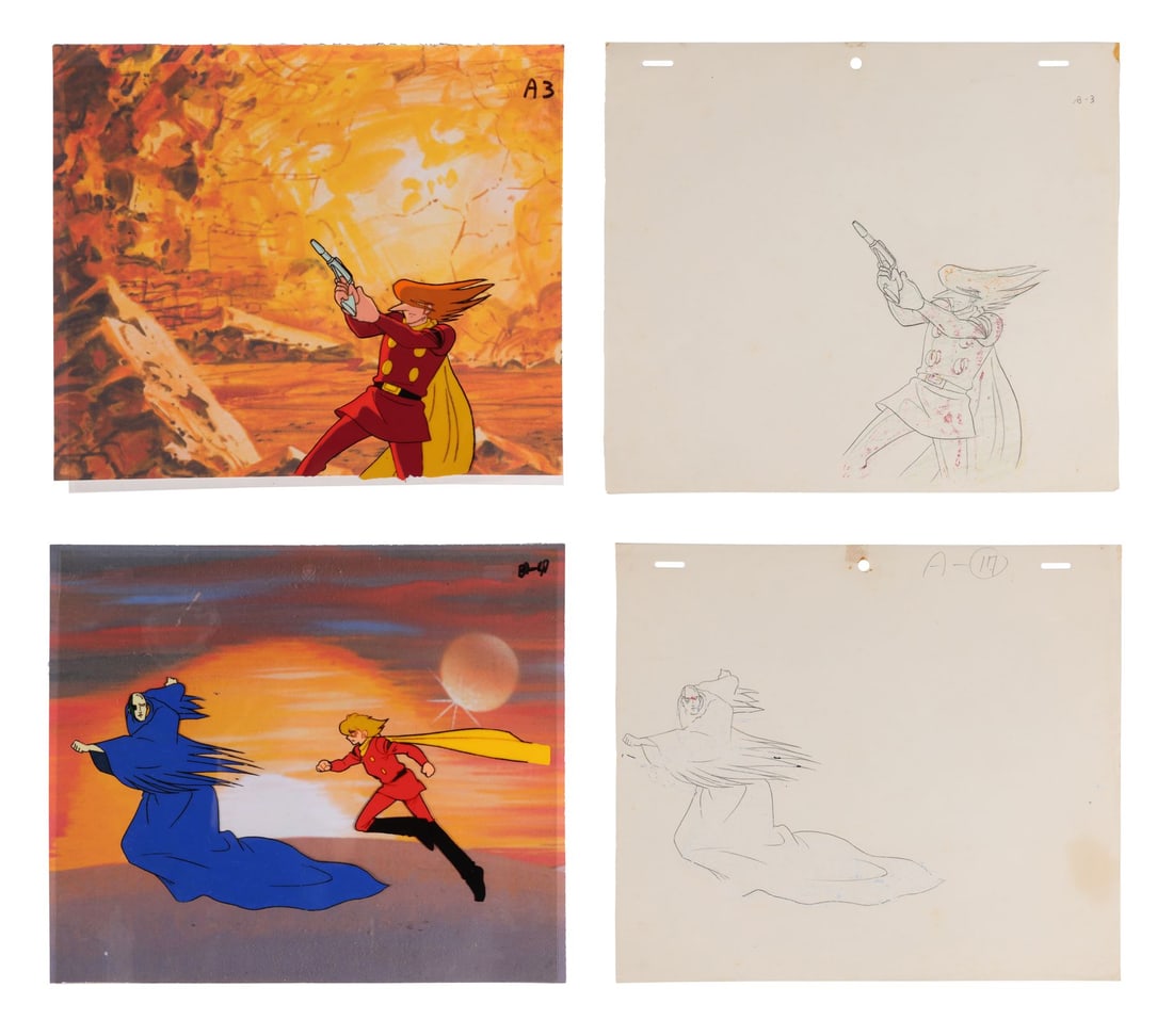 CYBORG 009 (TV SERIES, 2001-2002) - 009 and 002 Original Production Cels on Printed Presentation: CYBORG 009 (TV SERIES, 2001-2002) - 009 and 002 Original Production Cels on Printed Presentation Backgrounds with Matching Douga Drawings - Here are two cels from the Cyborg 009 (1979 - 1980) televisi
