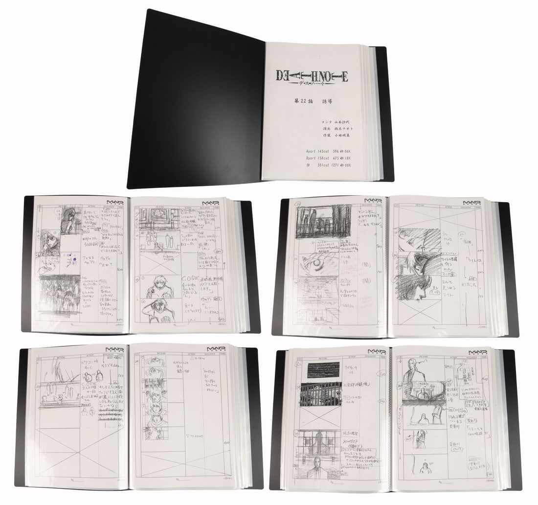 DEATH NOTE (TV SERIES, 2006-2007) - "Guidance" Complete Photostat Storyboards: DEATH NOTE (TV SERIES, 2006-2007) - "Guidance" Complete Photostat Storyboards - A production-used storyboard copy for episode 22 "Guidance". The long, patient trap that L and Light set for Kyosuke Hig
