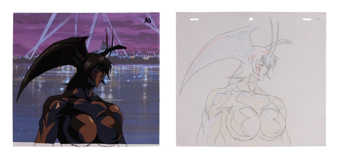 DEVILMAN LADY (TV SERIES, 1998-1999) - Devil Lady Jun Fudo Original Production Cel on Printed: DEVILMAN LADY (TV SERIES, 1998-1999) - Devil Lady Jun Fudo Original Production Cel on Printed Presentation Background with Matching Douga Drawing - Jun Fudo turns in profile here, the great Devilman h