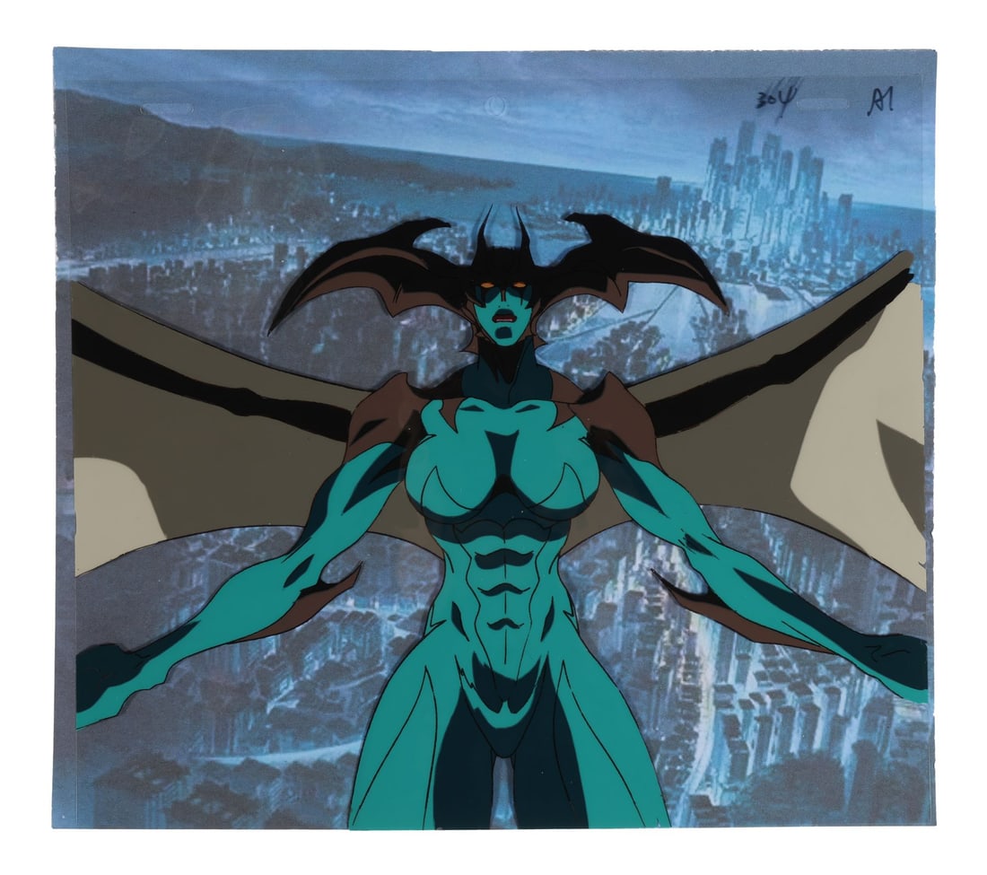 DEVILMAN LADY (TV SERIES, 1998-1999) - Giga Form Devil Lady Jun Fudo Original Production Cel on: DEVILMAN LADY (TV SERIES, 1998-1999) - Giga Form Devil Lady Jun Fudo Original Production Cel on Printed Presentation Background - Devil Lady at full Giga Form is Jun Fudo pushed past the point of no r