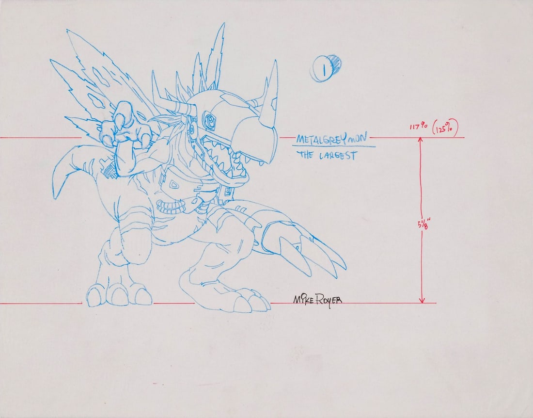 DIGIMON ADVENTURE (TV SERIES, 1999-2000) - MetalGreymon Vellum Sketch by Mike Royer: DIGIMON ADVENTURE (TV SERIES, 1999-2000) - MetalGreymon Vellum Sketch by Mike Royer - MetalGreymon is one of those designs that every child who grew up with Digimon Adventure knows. The moment Agumon 
