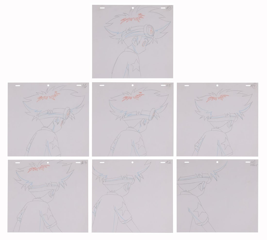 DIGIMON ADVENTURE (TV SERIES, 1999-2000) - Set of Seven Tai Douga Drawings: DIGIMON ADVENTURE (TV SERIES, 1999-2000) - Set of Seven Tai Douga Drawings - Tai is the DigiDestined's natural leader from the first episode: goggle-wearing, impulsive, stubbornly brave, the kid at su