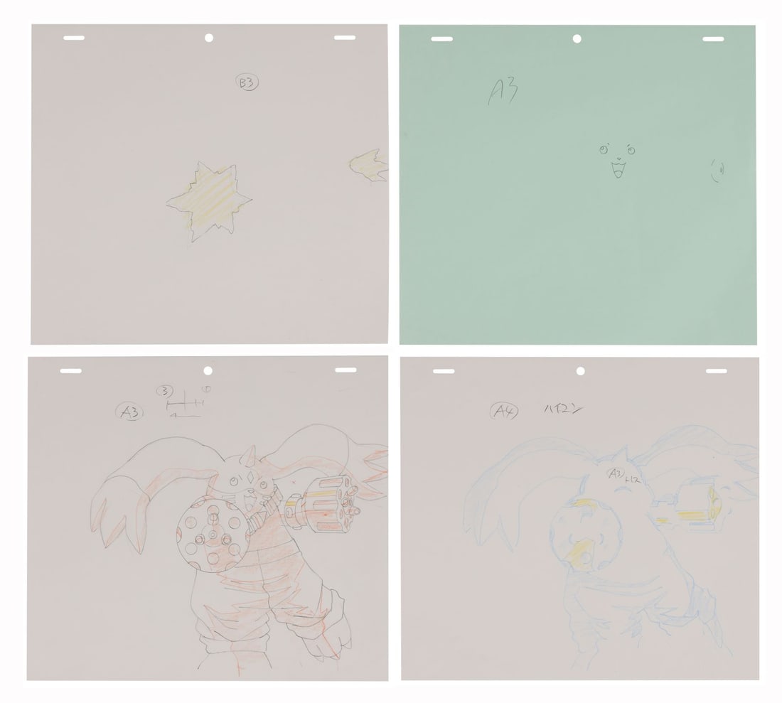 DIGIMON TAMERS (TV SERIES, 2001-2002) - Set of Four Gargomon Genga Drawings from "To Fight or Not to: DIGIMON TAMERS (TV SERIES, 2001-2002) - Set of Four Gargomon Genga Drawings from "To Fight or Not to Fight" - At 18:14 in "To Fight or Not to Fight", Gargomon's first appearance in Digimon Tamers is o