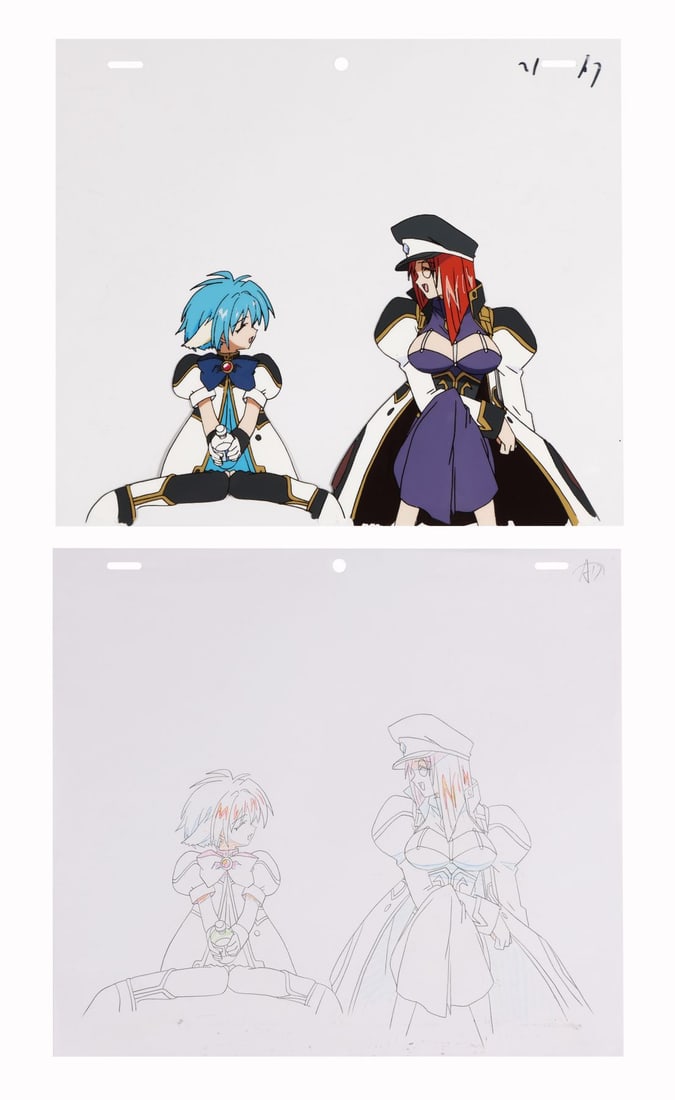 GALAXY ANGEL (TV SERIES, 2000-2005) - Mint Blancmanche and Forte Stollen Original Production Cel: GALAXY ANGEL (TV SERIES, 2000-2005) - Mint Blancmanche and Forte Stollen Original Production Cel with Matching Douga Drawing - Mint Blancmanche and Forte Stollen turn to each other here, both smiling.