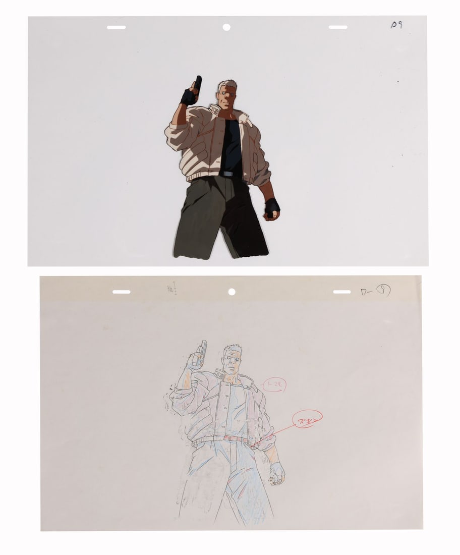 GHOST IN THE SHELL (1995) - Batou Original Production Cel with Matching Douga Drawing: GHOST IN THE SHELL (1995) - Batou Original Production Cel with Matching Douga Drawing - An original production cel and douga of Batou, just after spotting the invisible man in the market, gun raised, 