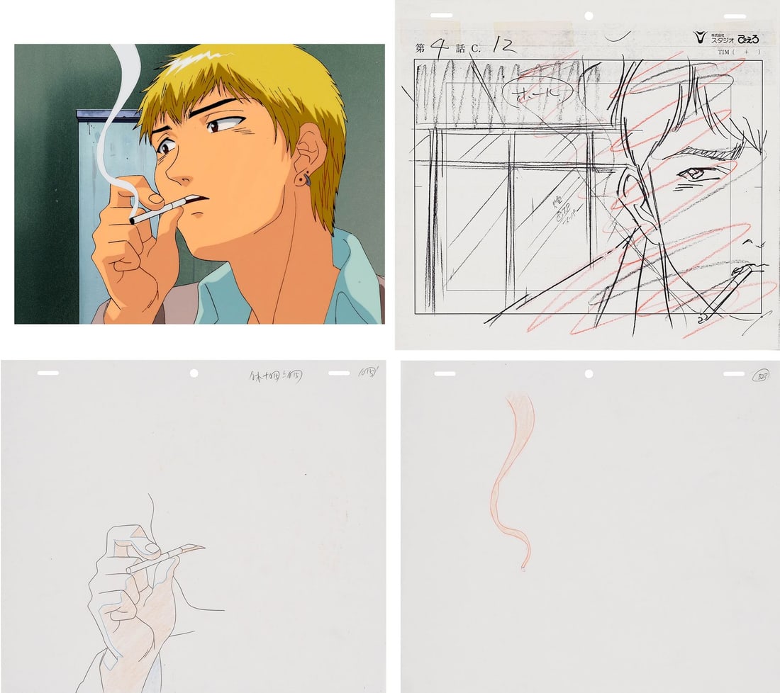 GREAT TEACHER ONIZUKA (TV SERIES, 1999-2000) - Onizuka Original Production Cel on Hand-Painted Key: GREAT TEACHER ONIZUKA (TV SERIES, 1999-2000) - Onizuka Original Production Cel on Hand-Painted Key Master Production Background, Two Matching Douga Drawings and Layout Copy from "Lesson 4: The Secret 