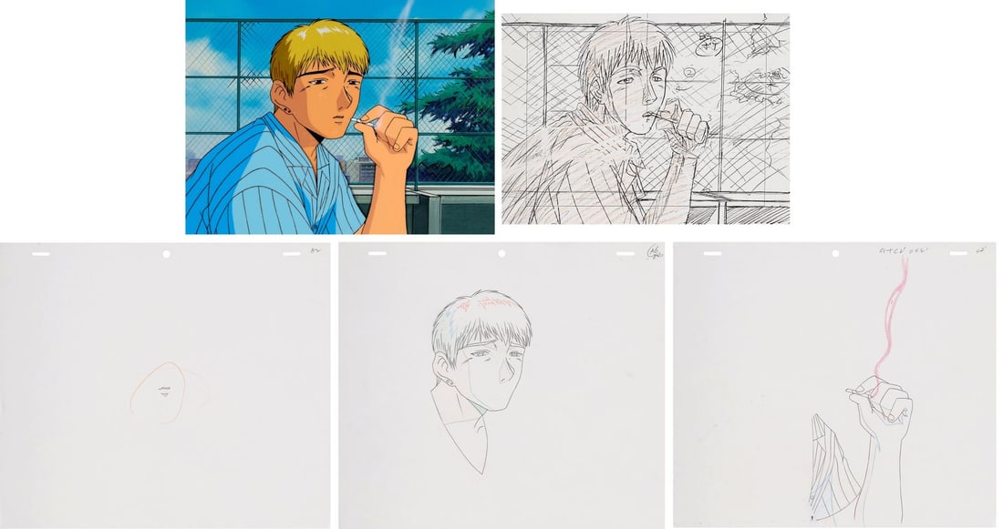 GREAT TEACHER ONIZUKA (TV SERIES, 1999-2000) - Onizuka Original Production Cel on Hand-Painted Key: GREAT TEACHER ONIZUKA (TV SERIES, 1999-2000) - Onizuka Original Production Cel on Hand-Painted Key Master Production Background, Three Matching Douga Drawings and Layout Copy from "Lesson 6: Conspirac