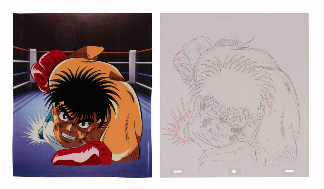 HAJIME NO IPPO (TV SERIES, 2000-2002) - Ippo Makunouchi Original Pan Production Cel on Presentation: HAJIME NO IPPO (TV SERIES, 2000-2002) - Ippo Makunouchi Original Pan Production Cel on Presentation Background and Matching Douga Drawing from "Traces of Intense Battle" - An original production pan c