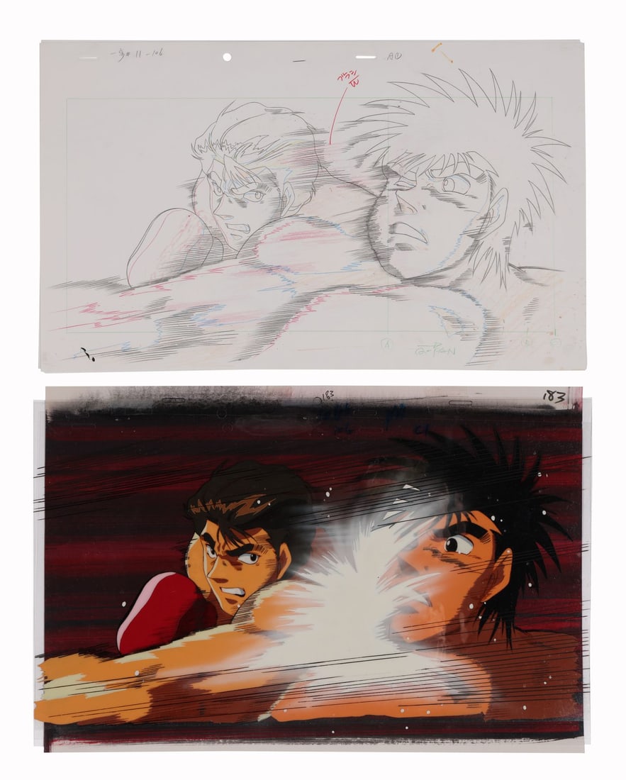 HAJIME NO IPPO (TV SERIES, 2000-2002) - Ippo Makunouchi and Yusuke Oda Original Production Pan Cel: HAJIME NO IPPO (TV SERIES, 2000-2002) - Ippo Makunouchi and Yusuke Oda Original Production Pan Cel on Presentation Background with Matching Douga Drawing from "Obsession for Victory" - At around 07:04
