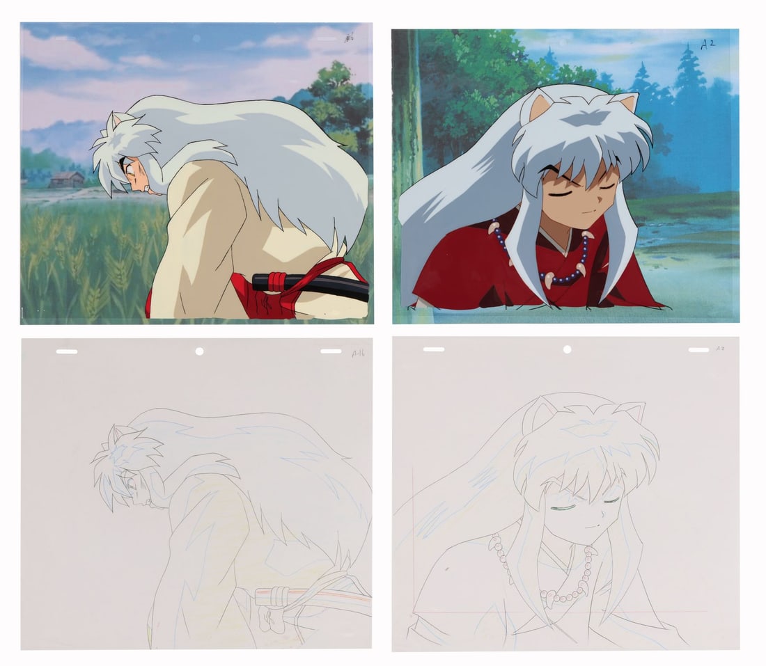 INUYASHA (TV SERIES, 2000-2004) - Inyuasha Original Production Cels on Printed Presentation: INUYASHA (TV SERIES, 2000-2004) - Inyuasha Original Production Cels on Printed Presentation Backgrounds and Matching Douga Drawings - Inuyasha himself stands at the centre of this lot, the half-demon 