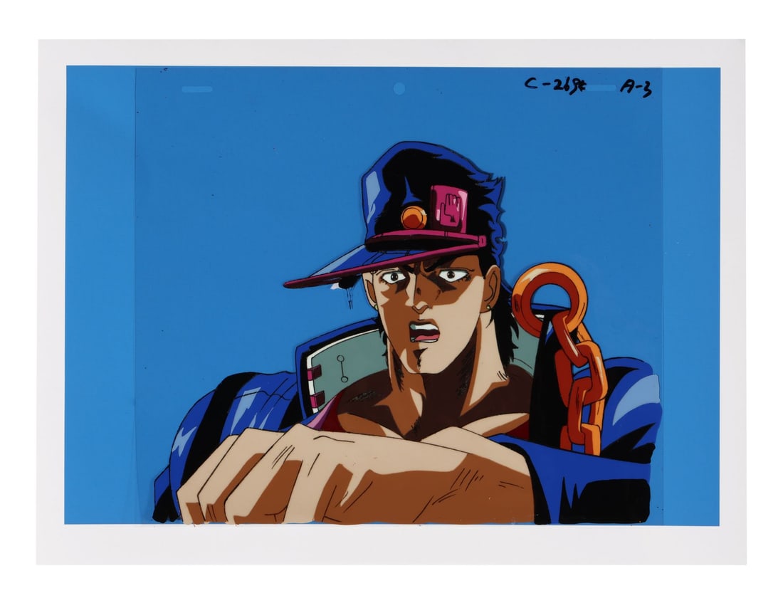 JOJO'S BIZARRE ADVENTURE (TV MINI SERIES, 1993-2002) - Jotaro Kujo Original Production Cel on Fine: JOJO'S BIZARRE ADVENTURE (TV MINI SERIES, 1993-2002) - Jotaro Kujo Original Production Cel on Fine Art Giclee Background from "Iggy the Fool and N'Doul the GEB (Pt. I)" - Jotaro Kujo, mid-exclamation 