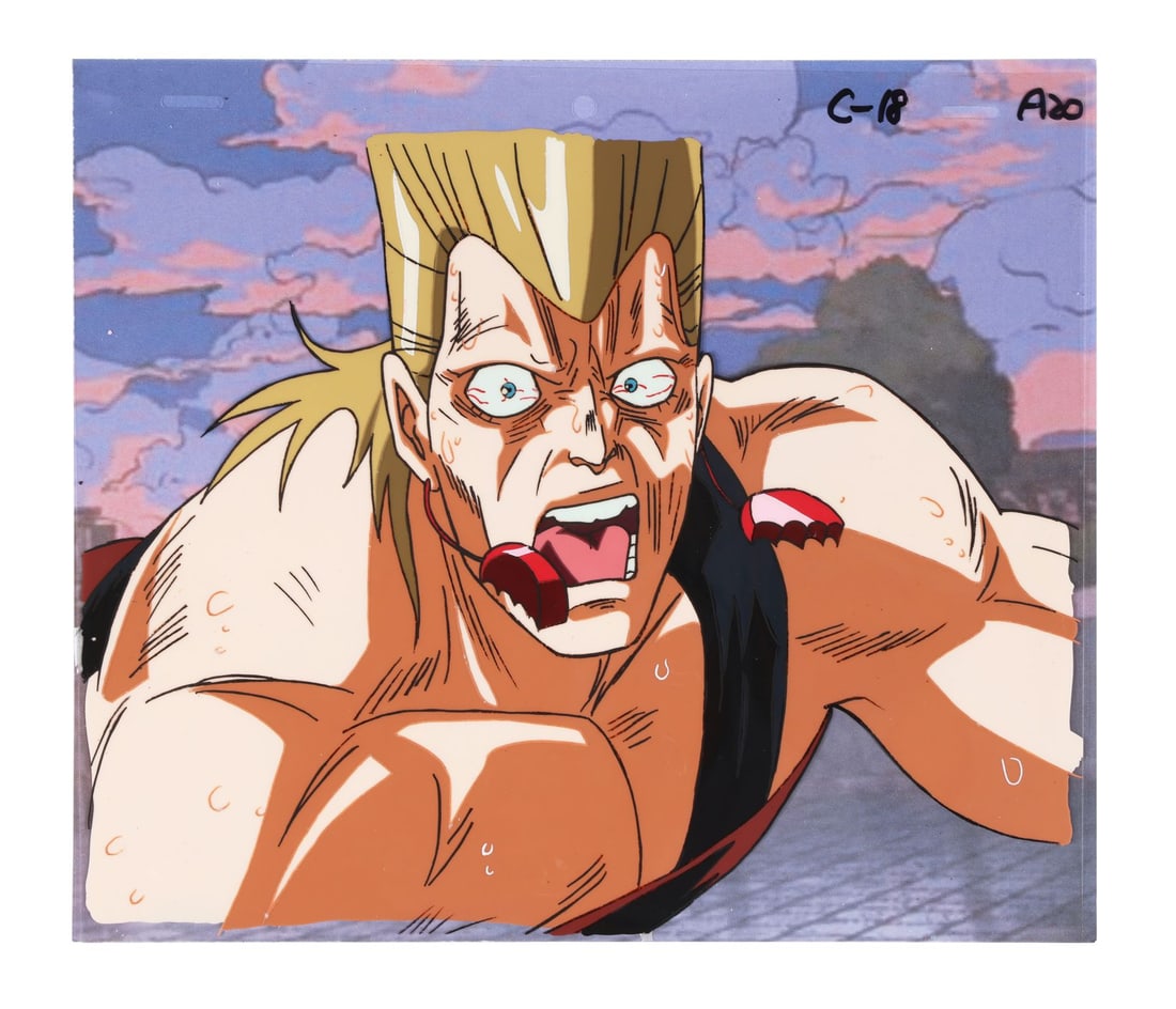 JOJO'S BIZARRE ADVENTURE (TV MINI SERIES, 1993-2002) - Jean Pierre Polnareff Original Production Cel: JOJO'S BIZARRE ADVENTURE (TV MINI SERIES, 1993-2002) - Jean Pierre Polnareff Original Production Cel on Printed Presentation Background from "Iggy 'The Fool' and N'Doul 'The GEB' (Part II)" - As the J