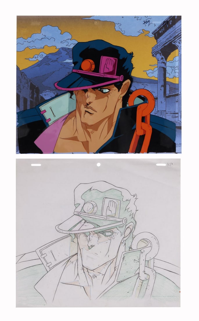 JOJO'S BIZARRE ADVENTURE (TV MINI SERIES, 1993-2002) - Jotaro Kujo Original Production Cel on: JOJO'S BIZARRE ADVENTURE (TV MINI SERIES, 1993-2002) - Jotaro Kujo Original Production Cel on Printed Presentation Background with Matching Douga Drawing from "D'Arby the Gambler" - Jotaro Kujo holds 