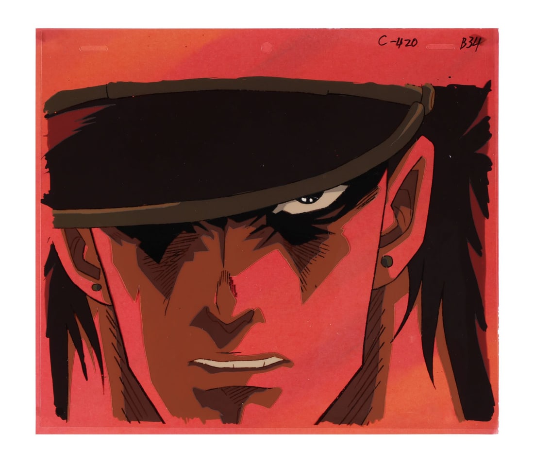 JOJO'S BIZARRE ADVENTURE (TV MINI SERIES, 1993-2002) - Jotaro Kujo Original Production Cel on: JOJO'S BIZARRE ADVENTURE (TV MINI SERIES, 1993-2002) - Jotaro Kujo Original Production Cel on Printed Presentation Background from "Dio's 'The World' - Kakyoin - Duel in the Barrier" - Jotaro Kujo fil