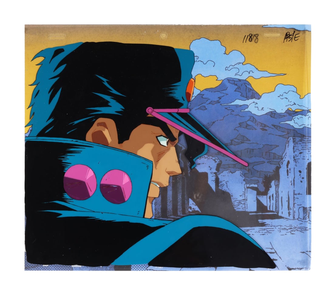 JOJO'S BIZARRE ADVENTURE (TV MINI SERIES, 1993-2002) - Jotaro Kujo Original Production Cel on: JOJO'S BIZARRE ADVENTURE (TV MINI SERIES, 1993-2002) - Jotaro Kujo Original Production Cel on Printed Presentation Background from "DIO's World: The Warrior of the Void: Vanilla Ice" - Jotaro Kujo: th
