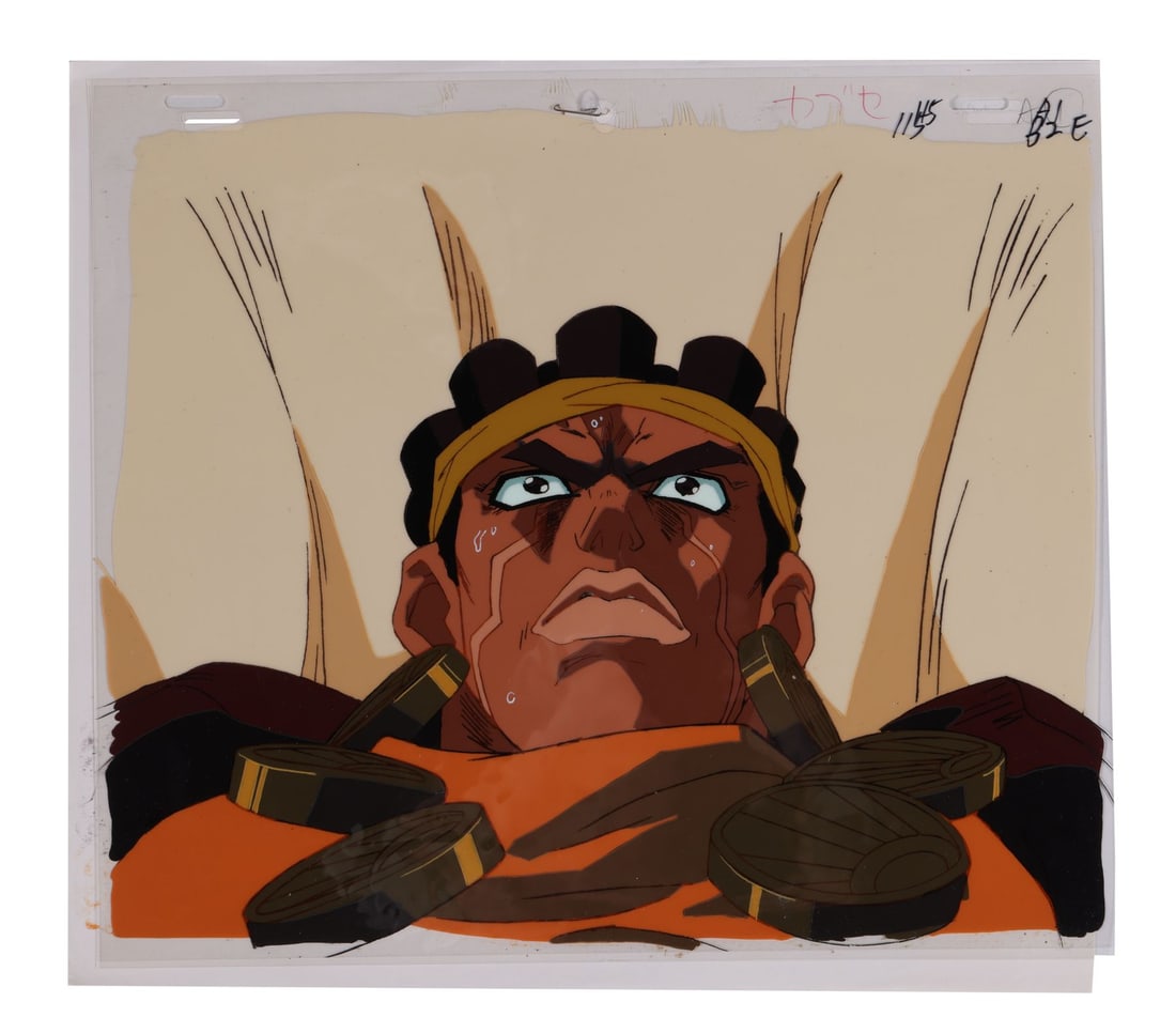 JOJO'S BIZARRE ADVENTURE (TV MINI SERIES, 1993-2002) - Muhammad Avdol Original Production Cel from: JOJO'S BIZARRE ADVENTURE (TV MINI SERIES, 1993-2002) - Muhammad Avdol Original Production Cel from "DIO's World - The Warrior of the Void: Vanilla Ice" - In DIO's mansion, the Crusaders crack the lid 