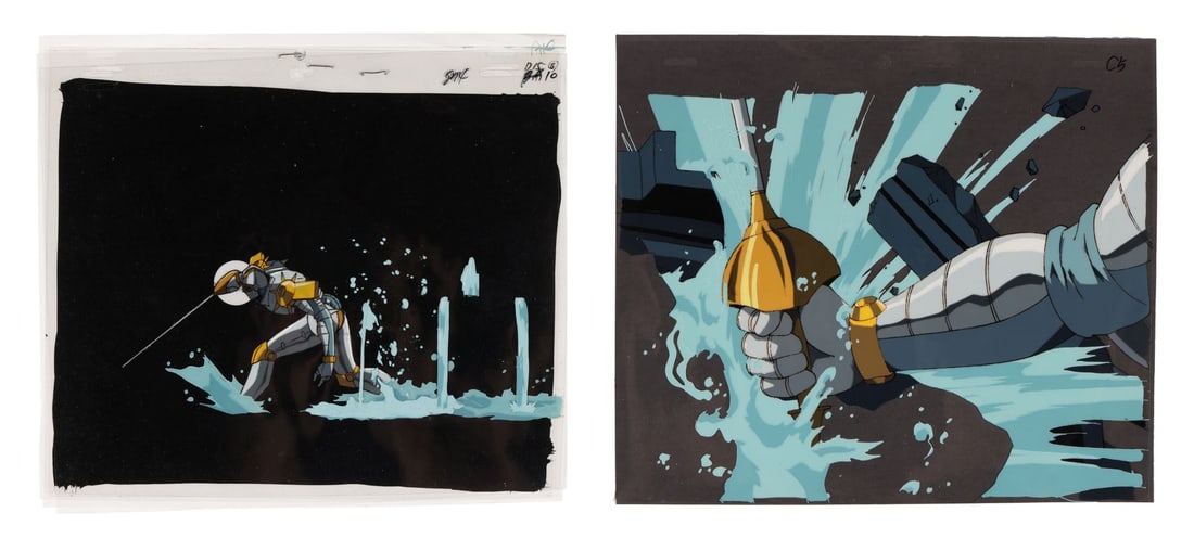 JOJO'S BIZARRE ADVENTURE (TV MINI SERIES, 1993-2002) - Pair of Silver Chariot Original Production: JOJO'S BIZARRE ADVENTURE (TV MINI SERIES, 1993-2002) - Pair of Silver Chariot Original Production Cels on Presentation Background - Silver Chariot belongs to the swordsman Jean Pierre Polnareff, and a