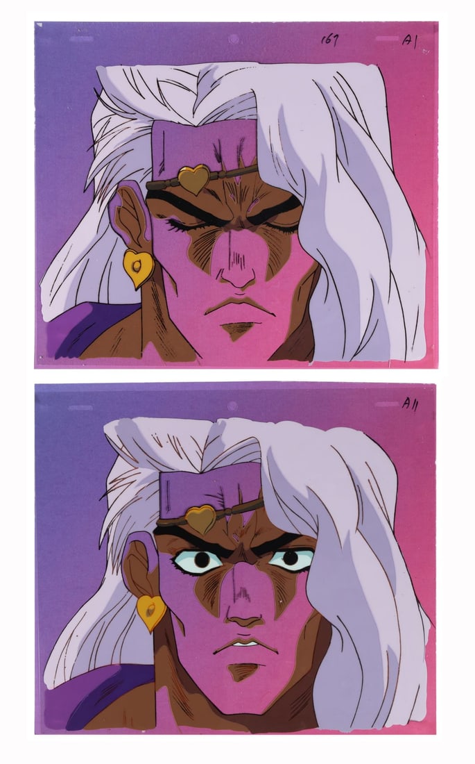 JOJO'S BIZARRE ADVENTURE (TV MINI SERIES, 1993-2002) - Vanilla Ice Original Production Cels from: JOJO'S BIZARRE ADVENTURE (TV MINI SERIES, 1993-2002) - Vanilla Ice Original Production Cels from "Dio's 'The World' - The Warrior of the Void: Vanilla Ice" on Presentation Backgrounds - Vanilla Ice, t
