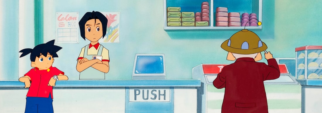MEDABOTS (TV SERIES, 1999-2004) - Ikki and Henry Original Production Pan Cel on Hand-Painted Key: MEDABOTS (TV SERIES, 1999-2004) - Ikki and Henry Original Production Pan Cel on Hand-Painted Key Master Production Background - Ikki Tenry? leans on the counter of Henry's shop, both of them turned to