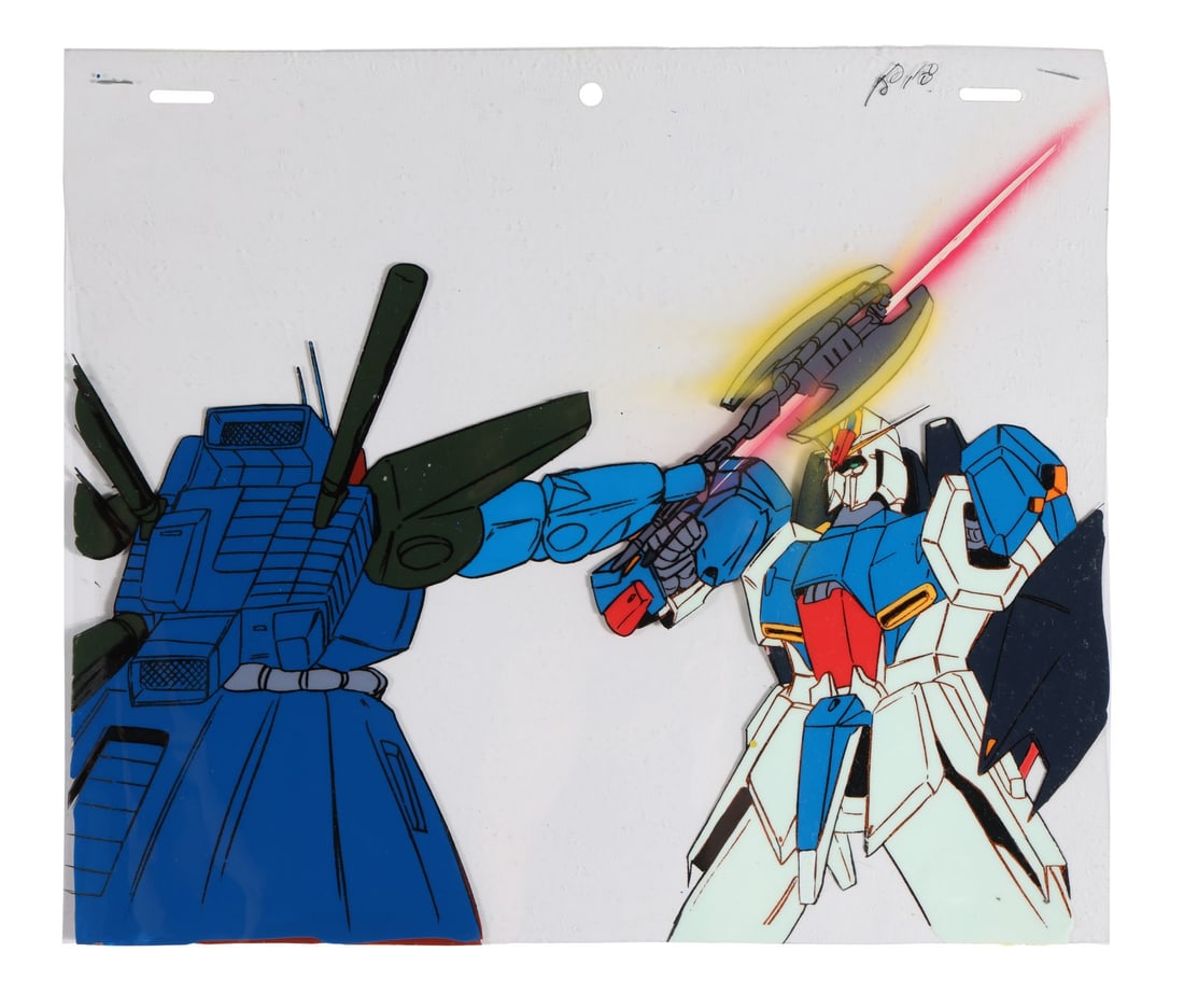 MOBILE SUIT ZETA GUNDAM (TV SERIES, 1985-1986) - MSZ-006 Zeta Gundam Original Production Cel: MOBILE SUIT ZETA GUNDAM (TV SERIES, 1985-1986) - MSZ-006 Zeta Gundam Original Production Cel - The MSZ-006 Zeta Gundam locks beam saber against an enemy mobile suit's axe in this original production c