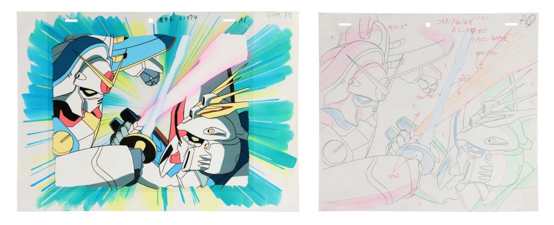 MOBILE FIGHTER G GUNDAM (TV SERIES, 1994-1995) - God Gundam and Gundam Rose Original Production Cel: MOBILE FIGHTER G GUNDAM (TV SERIES, 1994-1995) - God Gundam and Gundam Rose Original Production Cel on Hand-Painted Key Master Background with Matching Douga Drawing from "A Knights' Pride! Gundam Ros