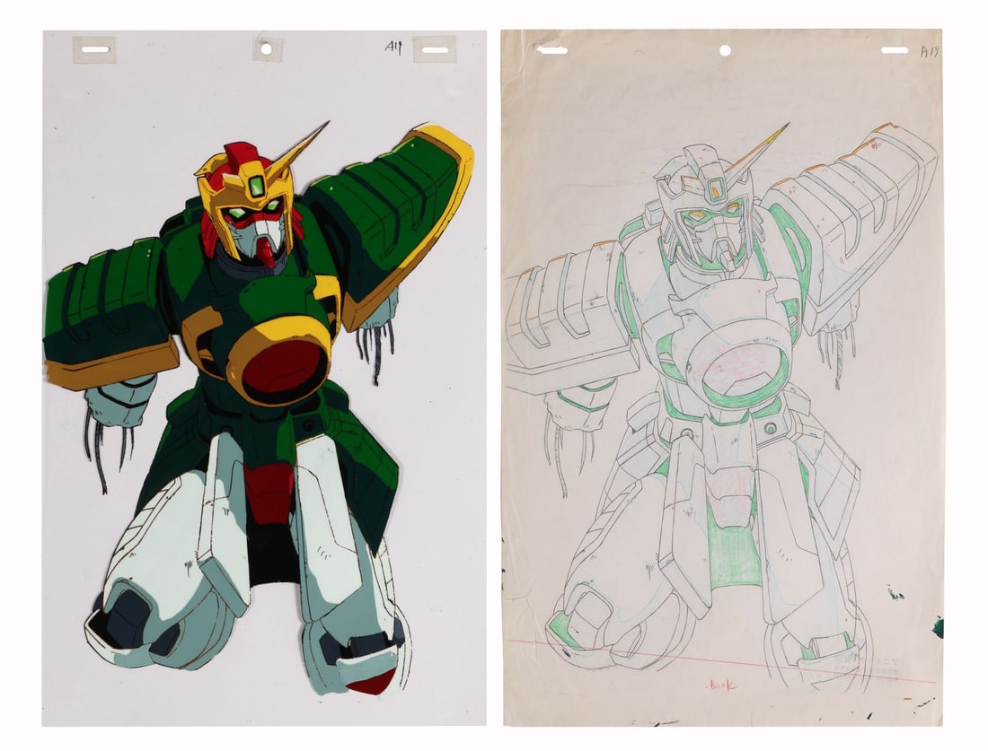MOBILE FIGHTER G GUNDAM (TV SERIES, 1994-1995) - Dragon Gundam Original Pan Production Cel with: MOBILE FIGHTER G GUNDAM (TV SERIES, 1994-1995) - Dragon Gundam Original Pan Production Cel with Matching Douga Drawing from "Sai Saici's New Attack! Blazing Dragon Gundam" - The Dragon Gundam fills th