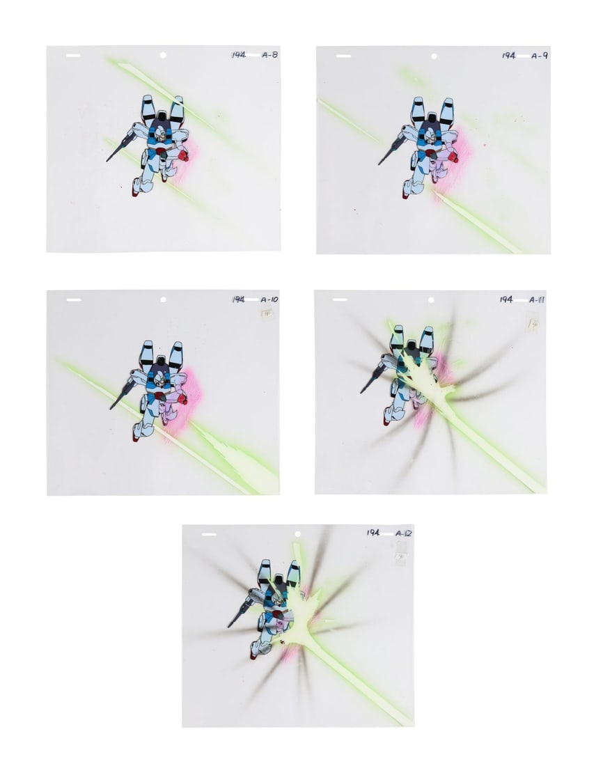 MOBILE SUIT VICTORY GUNDAM (TV SERIES, 1993-1994) - Set of Five LM312V04 Original Production Cels: MOBILE SUIT VICTORY GUNDAM (TV SERIES, 1993-1994) - Set of Five LM312V04 Original Production Cels with Matching Douga Drawings - The V-Dash Gundam's shield takes a direct laser hit across this multi-c