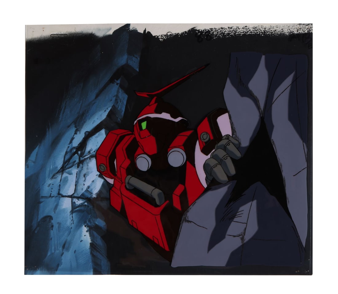 MOBILE SUIT GUNDAM WING (TV SERIES, 1995-1996) - Mercurius Original Production Cel on Hand-Painted: MOBILE SUIT GUNDAM WING (TV SERIES, 1995-1996) - Mercurius Original Production Cel on Hand-Painted Key Master Background from "Quatre vs. Heero" - A superb original production cel of the Mercurius fro